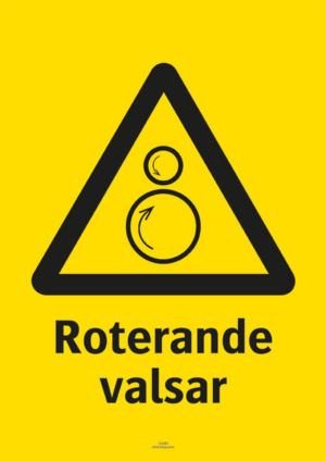 Varningsskylt med symbol för varning för roterande valsar och texten "Roterande valsar"