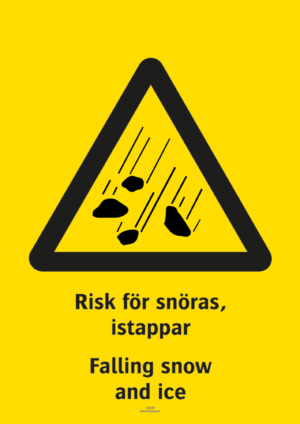 Varningsskylt med symbol för varning för snöras och texten "Risk för snöras, istappar" samt på engelska "Falling snow and ice".
