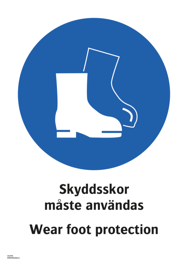 Påbudsskylt med symbol för skyddsskor och texten "Skyddsskor måste användas" samt på engelska "Wear foot protection".