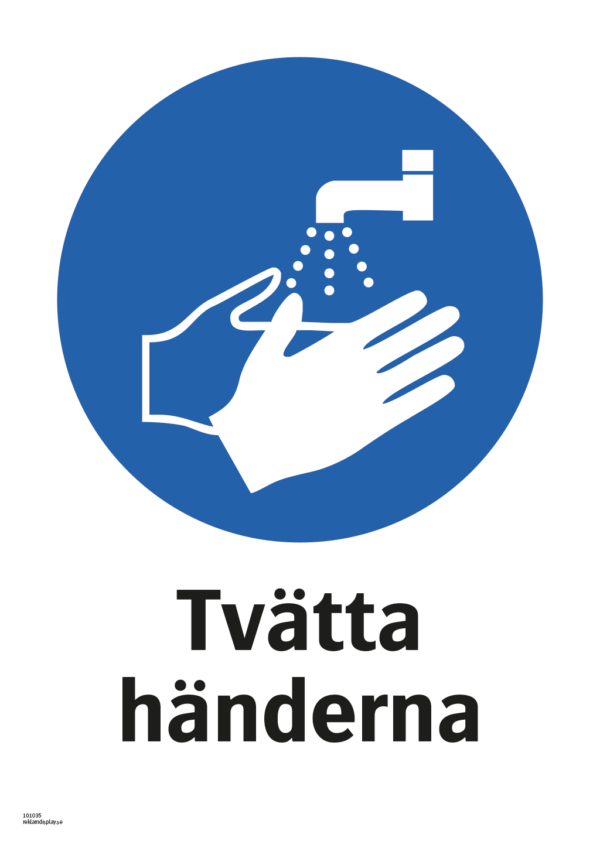 Påbudsskylt med symbol för tvätta händerna och texten "Tvätta händerna"