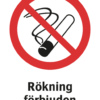 Förbudsskylt med symbol för rökning förbjuden och texten "Rökning förbjuden enligt lag"