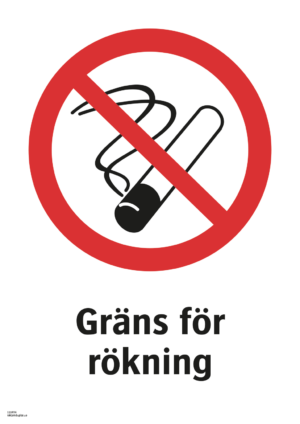Förbudsskylt med symbol för rökning förbjuden och texten "Gräns för rökning"