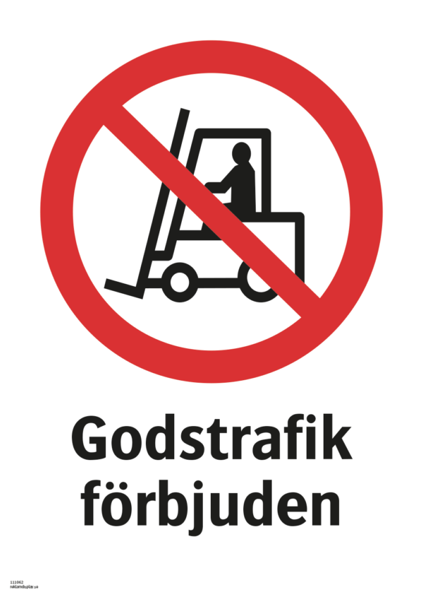Förbudsskylt med symbol för godstrafik förbjuden och texten "Godstrafik förbjuden"