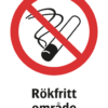 Förbudsskylt med symbol för rökning förbjuden och texten "Rökfritt område"