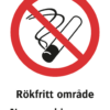 Förbudsskylt med symbol för rökning förbjuden och texten "Rökfritt område" samt på engelska "Non-smoking area".