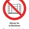 Förbudsskylt med symbol för får ej blockeras och texten "Dörren får ej blockeras" samt på engelska "Do not obstruct the door".
