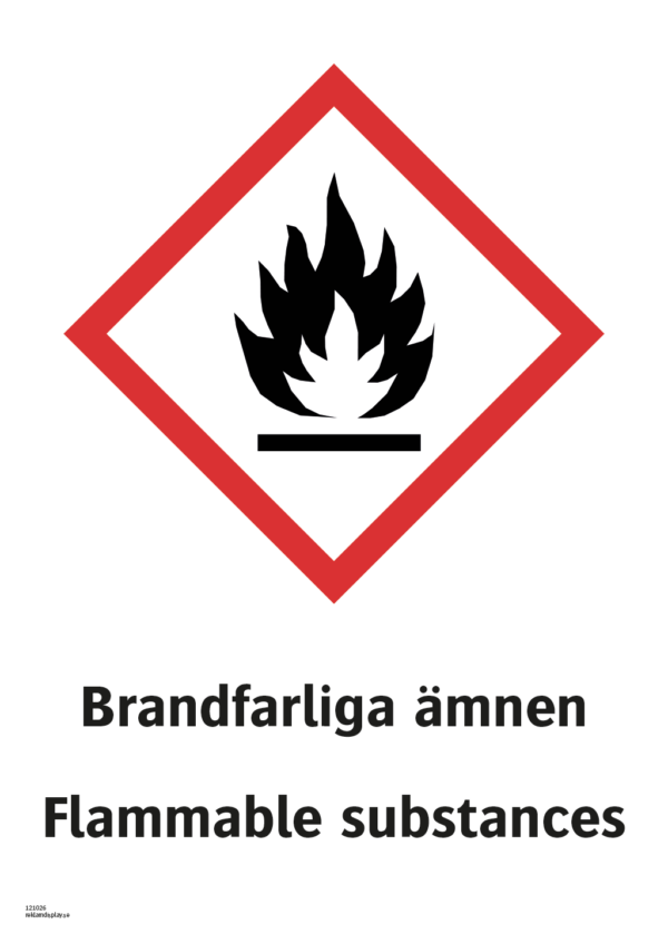 Varningsskylt med symbol för varning för brandfarliga ämnen och texten "Brandfarliga ämnen" samt på engelska "Flammable substances".