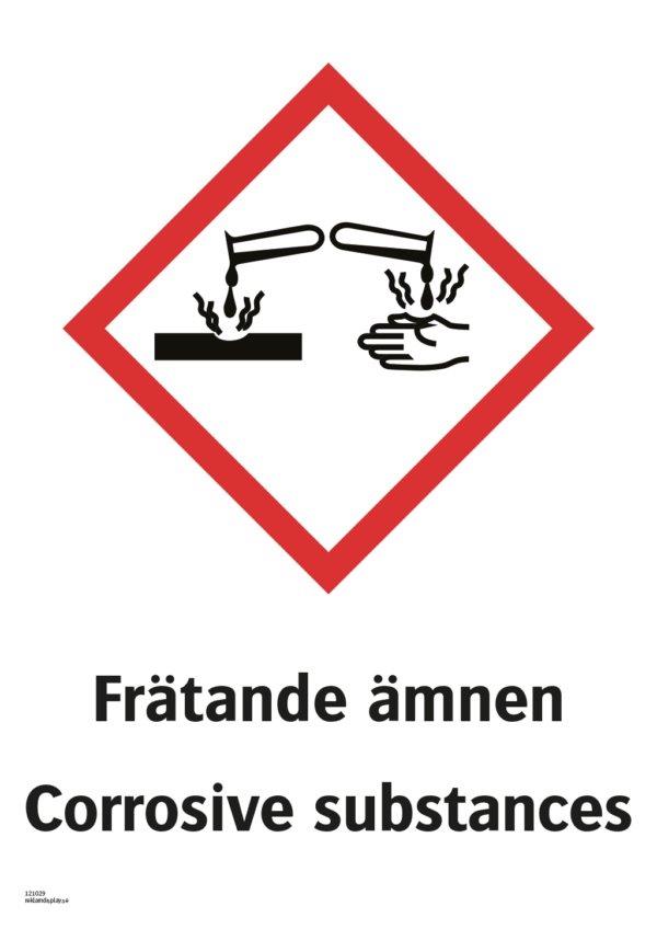 Varningsskylt med symbol för varning för frätande ämnen och texten "Frätande ämnen" samt på engelska "Corrosive substances".