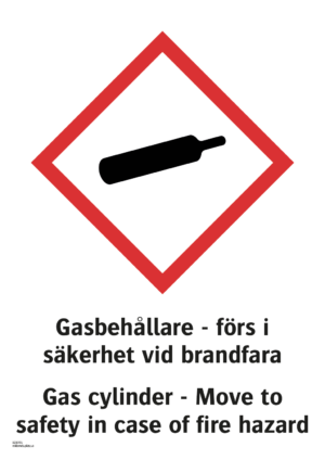 Varningsskylt med symbol för varning för gasbehållare och texten "Gasbehållare - förs i säkerhet vid brandfara" samt på engelska "Gas cylinder - Move to safety in cas of fire hazard".
