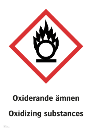 Varningsskylt med symbol för varning för oxiderande ämnen och texten "Oxiderande ämnen" samt på engelska "Oxidizing substances".