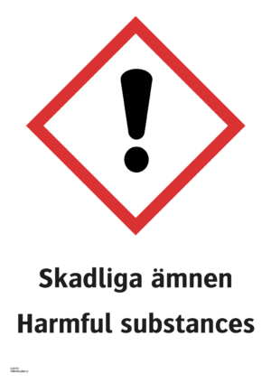 Varningsskylt med symbol för varning för skadliga ämnen och texten "Skadliga ämnen" samt på engelska "Harmful substances".