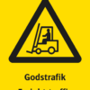 Varningsskylt med symbol för varning för godstrafik och texten "Godstrafik" samt på engelska "Freight traffic"