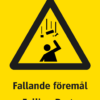 Varningsskylt med symbol för varning för fallande föremål och texten "Fallande föremål" samt på engelska "Falling Parts".