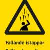Varningsskylt med symbol för varning för fallande istappar och texten "Fallande istappar" samt på engelska "Falling ice spikes".
