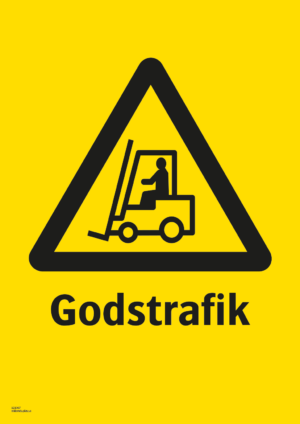 Varningsskylt med symbol för varning för godstrafik och texten "Godstrafik".