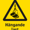 Varningsskylt med symbol för varning för hängande last och texten "Hängande last".