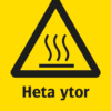 Varningsskylt med symbol för varning för heta ytor och texten "Heta ytor".