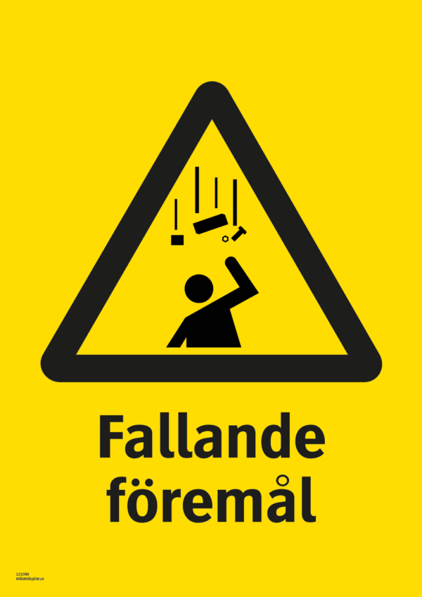 Varningsskylt med symbol för varning för fallande föremål och texten "Fallande föremål".