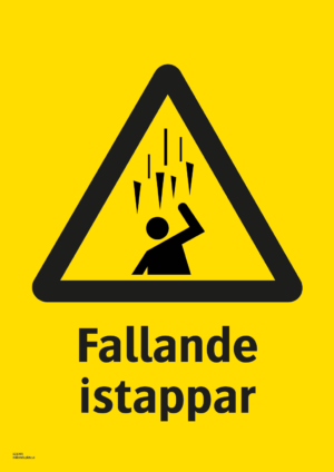 Varningsskylt med symbol för varning för fallande istappar och texten "Fallande istappar".