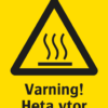 Varningsskylt med symbol för varning för heta ytor och texten "Varning! Heta ytor".