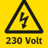Varningsskylt med symbol för varning för farlig elektrisk spänning och texten "230 Volt".