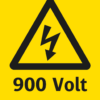 Varningsskylt med symbol för varning för farlig elektrisk spänning och texten "900 Volt".
