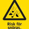Varningsskylt med symbol för varning för snöras och texten "Risk för snöras, istappar".