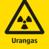 Varningsskylt med symbol för varning för radioaktiva ämnen och texten "Urangas".