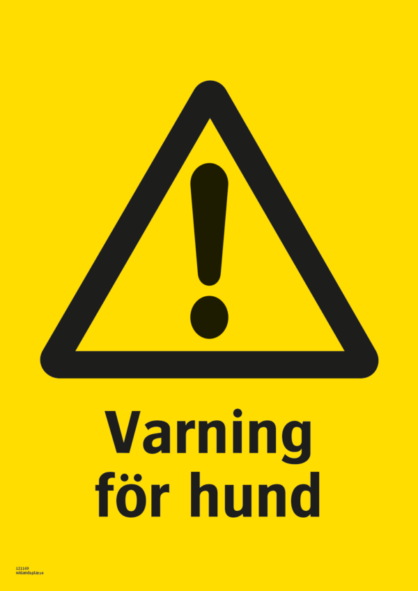 Varningsskylt med symbol för varning för fara och texten "Varning för hund".