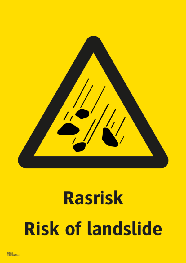 Varningsskylt med symbol för rasrisk och texten "Rasrisk" samt på engelska "Risk of Landslide".
