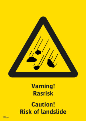 Varningsskylt med symbol för rasrisk och texten "Varning! Rasrisk" samt på engelska "Caution! Risk of landslide".