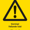 Varningsskylt med symbol för varning för fara och texten "Varning! Fallande träd" samt på engelska "Warning! Falling trees".