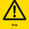 Varningsskylt med symbol för varning för fara och texten "Stup" samt på engelska "Scarp".
