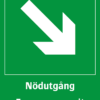 Nödskylt med pilsymbol för riktning på nödutgång och texten "Nödutgång". Emergency exit