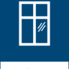 Återvinningsskylt med symbol för byggavfall - fönster och texten "fönster".