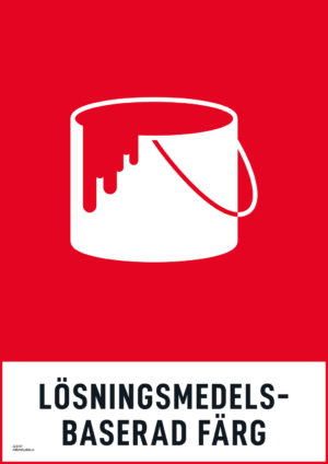 Återvinningsskylt med symbol för farligt avfall - lösningsmedelsbaserad färg och texten "lösningsmedelsbaserad färg".