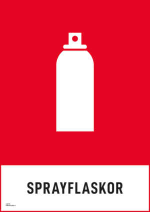 Återvinningsskylt med symbol för farligt avfall - sprayflaskor och texten "sprayflaskor".