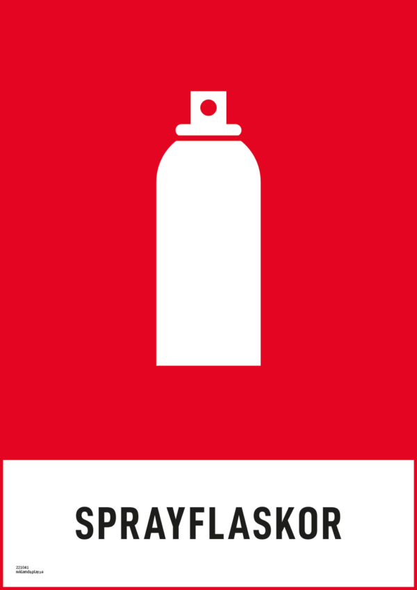 Återvinningsskylt med symbol för farligt avfall - sprayflaskor och texten "sprayflaskor".
