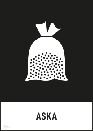 Återvinningsskylt med symbol för aska och texten "aska".