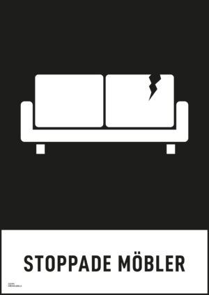 Återvinningsskylt med symbol för stoppade möbler och texten "stoppade möbler".