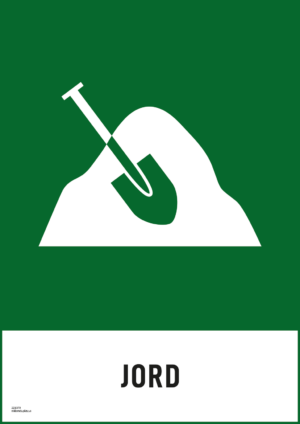 Återvinningsskylt med symbol för jord och texten "jord".