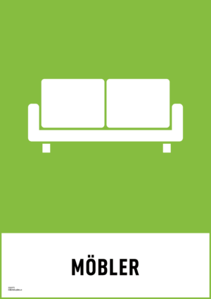 Återvinningsskylt med symbol för möbler och texten "Möbler".