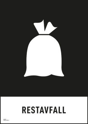 Återvinningsskylt med symbol för restavfall och texten "restavfall".